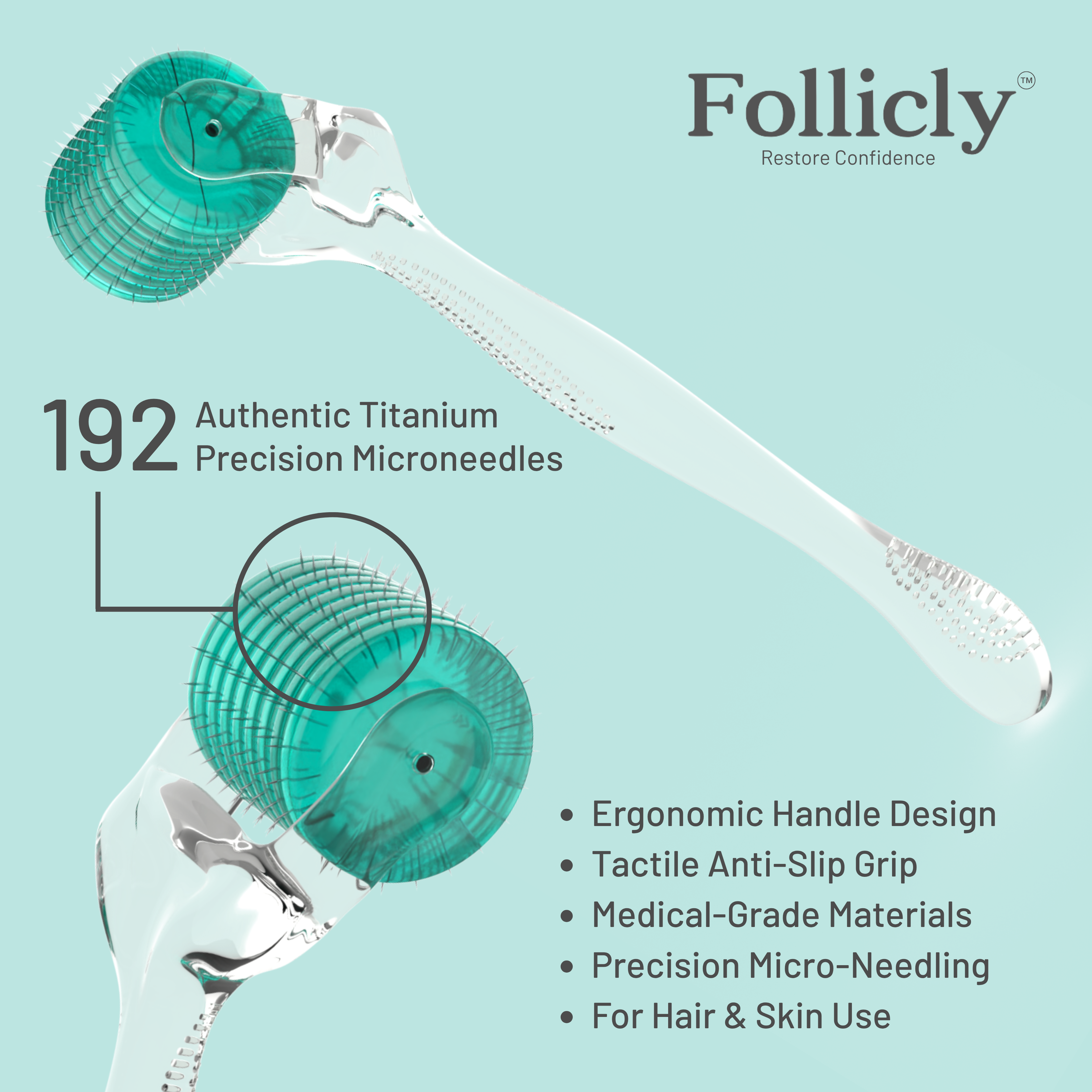 Follicly™ Derma Roller – 192 echte Titan-Mikronadeln