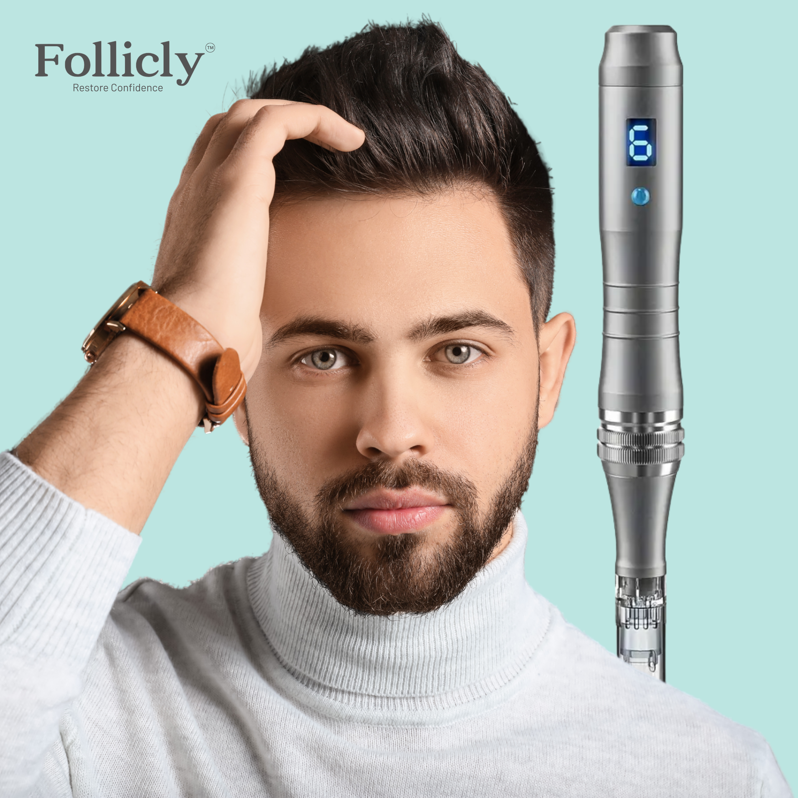 Follicly™ Derma Pen with 12 Adjustable Needle Cartridges (16, 36, or 42 Pins)