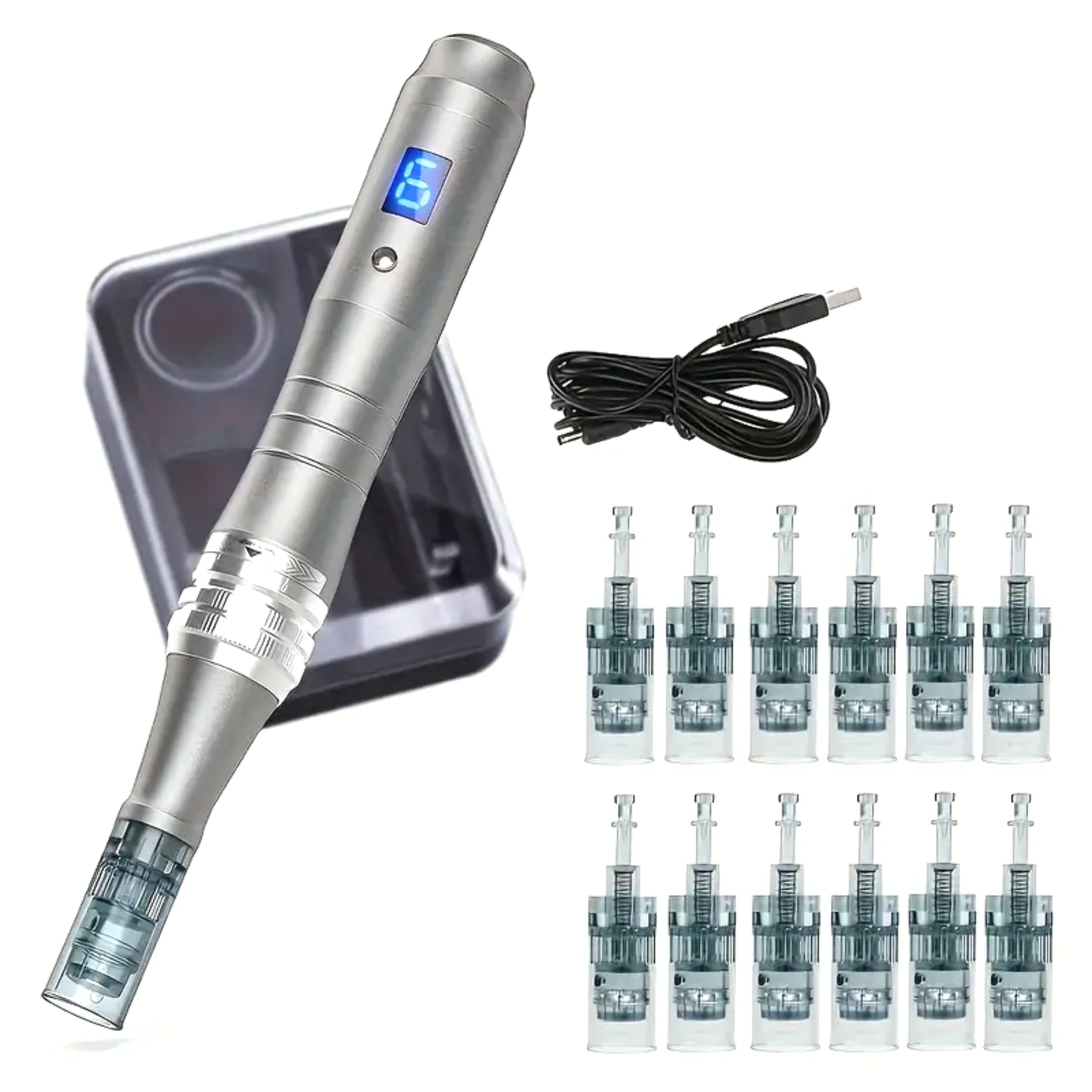 Follicly™ Derma Pen with 12 Adjustable Needle Cartridges (16, 36, or 42 Pins)