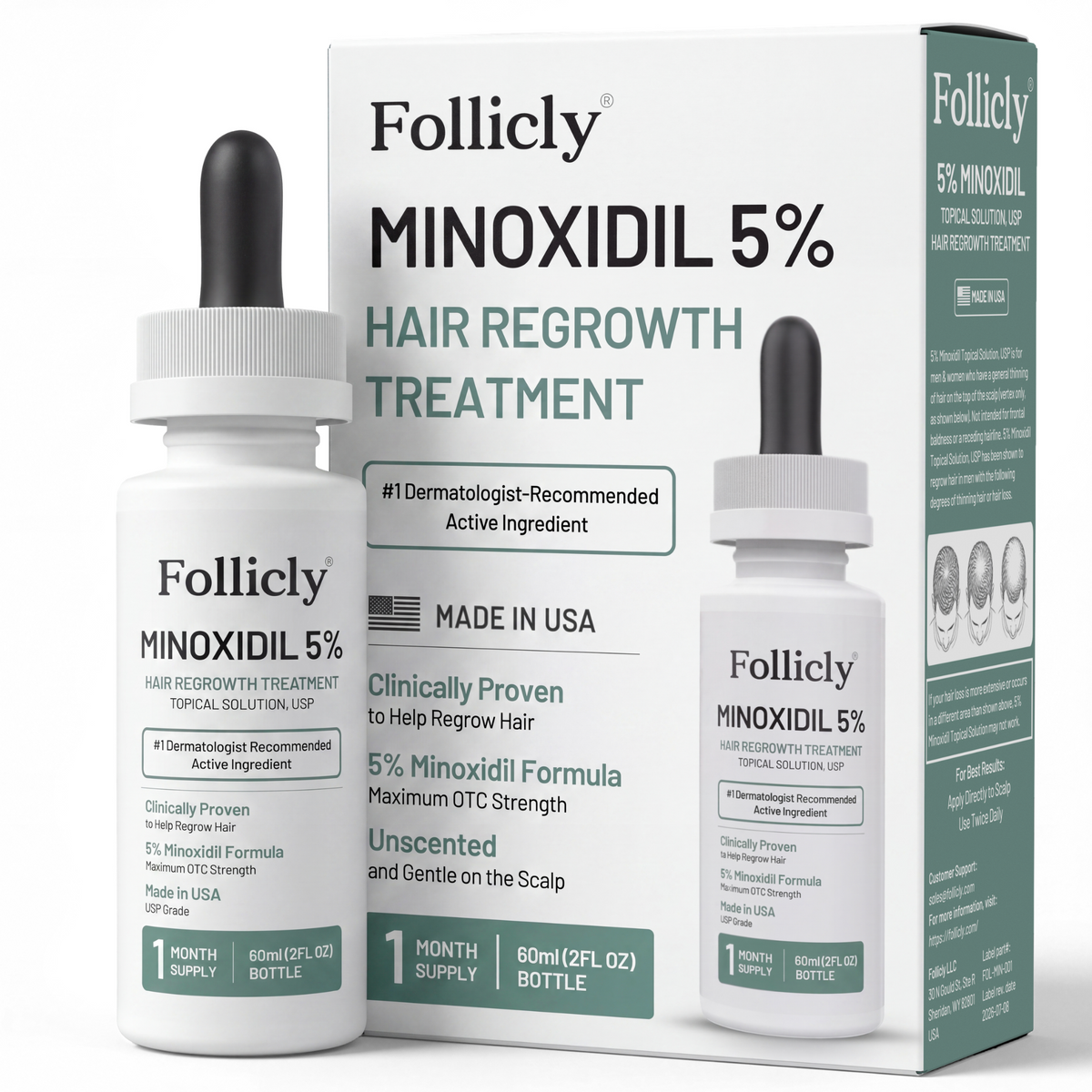 Follicly® Minoxidil 5% Topical Solution – Extra Strength Hair Regrowth Treatment, 2 FL OZ (60 mL)