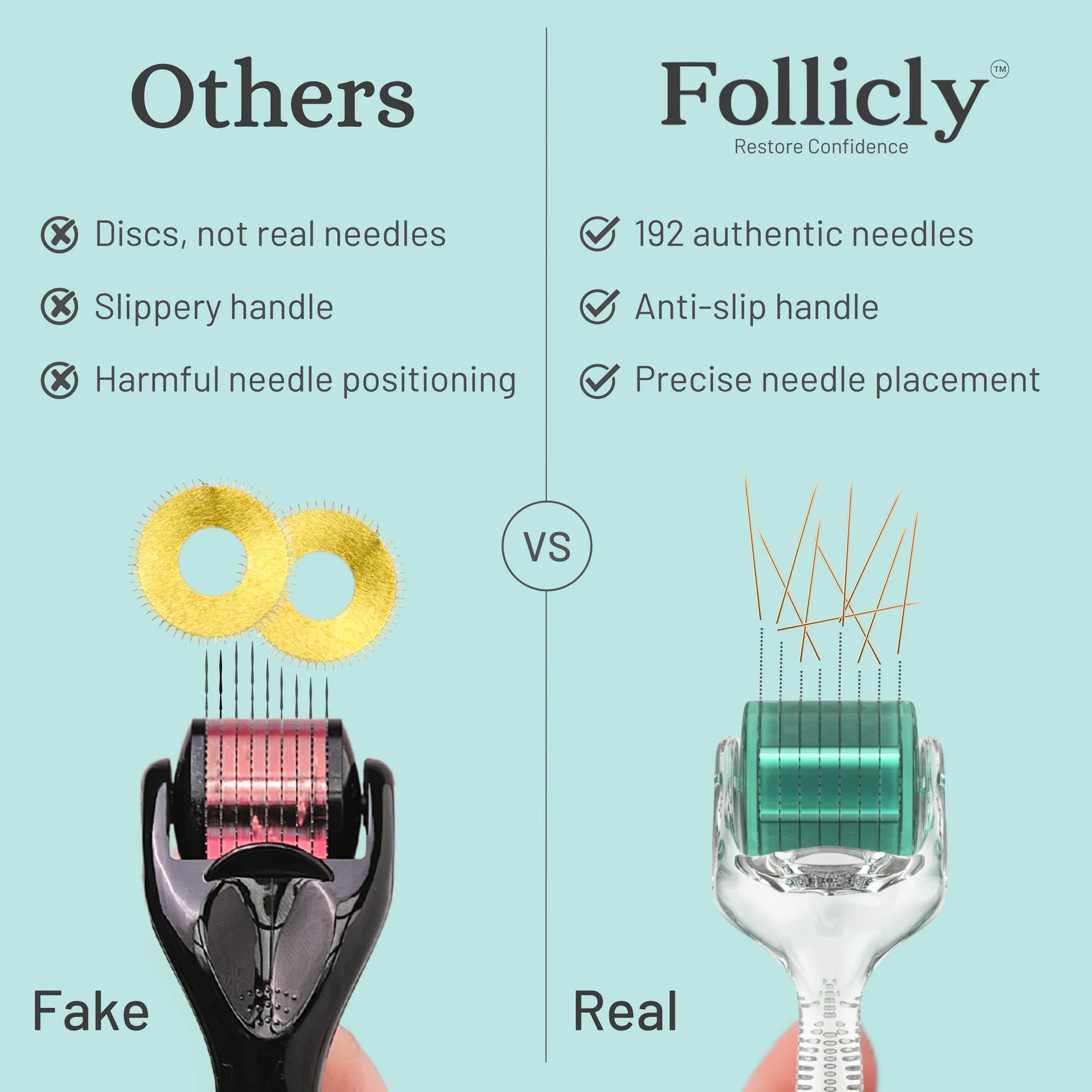 Follicly™ Derma Roller Pack de 3 – 192 microneedles de titanio auténtico (pack ahorro)