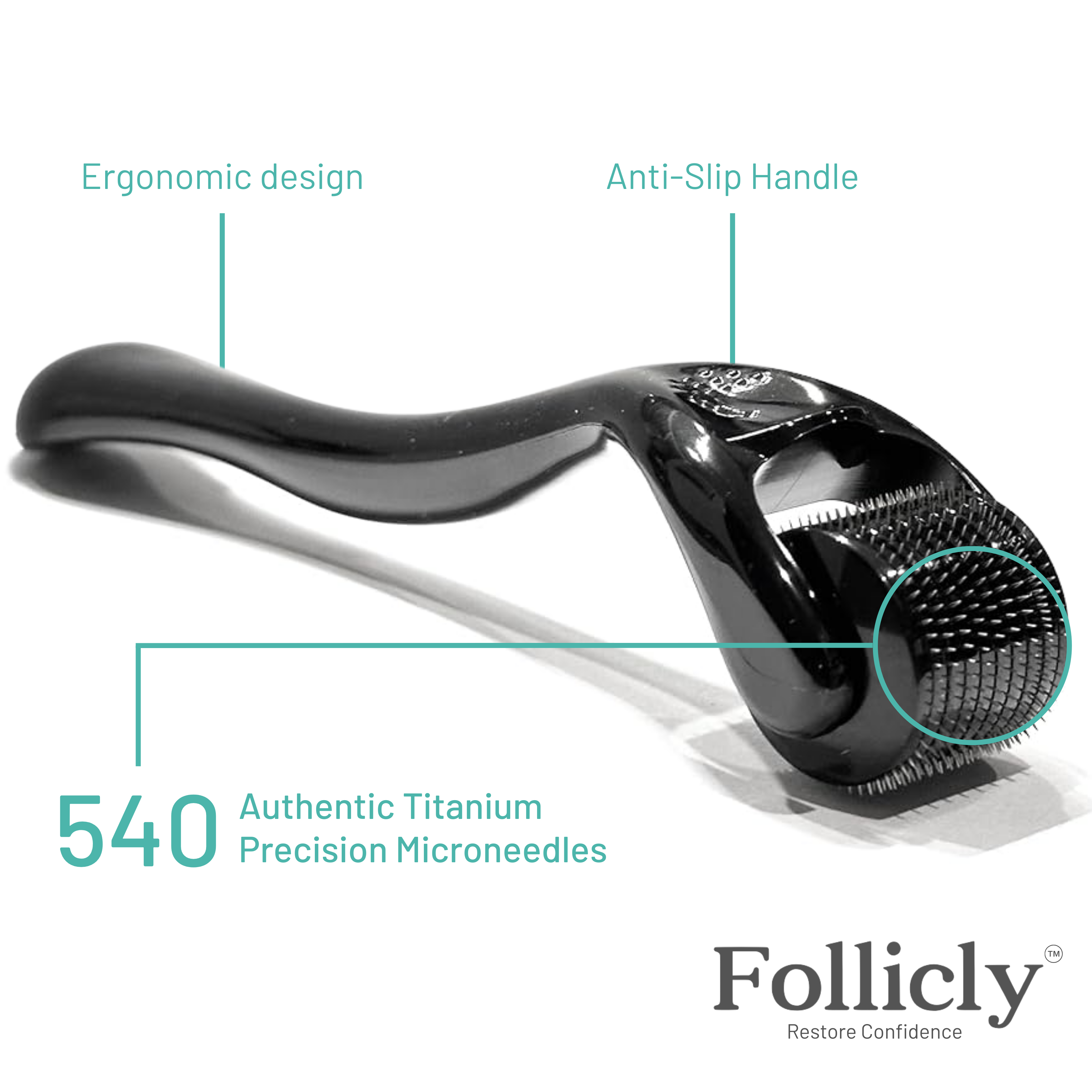 Follicly™ Derma Roller: Rodillo de microagujas para cabello y piel. Incluye estuche de almacenamiento gratuito.