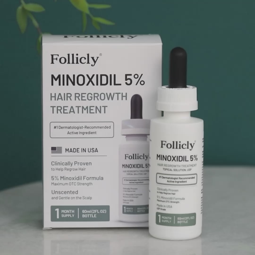 Load video: Follicly® Minoxidil 5% Topical Solution – Extra Strength Hair Regrowth Treatment, 2 FL OZ (60 mL)