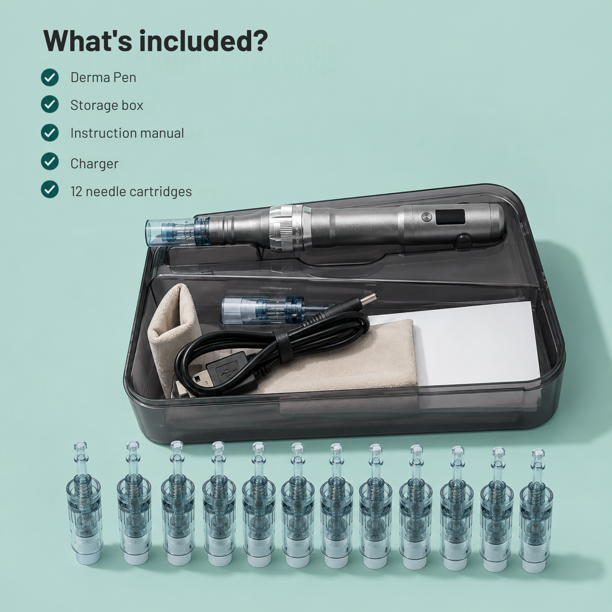 Follicly® Derma Pen with 12 Needle Cartridges (16, 36, or 42 Pins)
